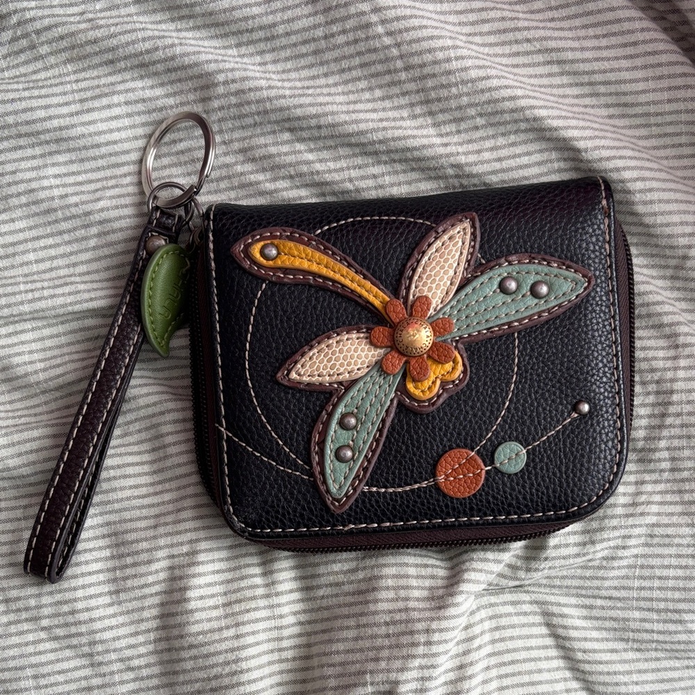 Brown Dragonfly Appliqué Leather Wristlet Wallet